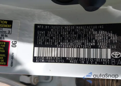 2016 Toyota Corolla Le from USA, damaged, VIN 5YFBURHE5GP473913